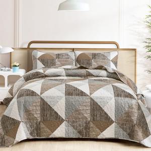 Dintszyayue King Size Quilt Brown, 3 Pieces Patchwork Bedspread Bedding for King Size Bed, Soft Lightweight Microfiber Geometric Coverlet Set for All Season Quilts with 2 Pillowcases
