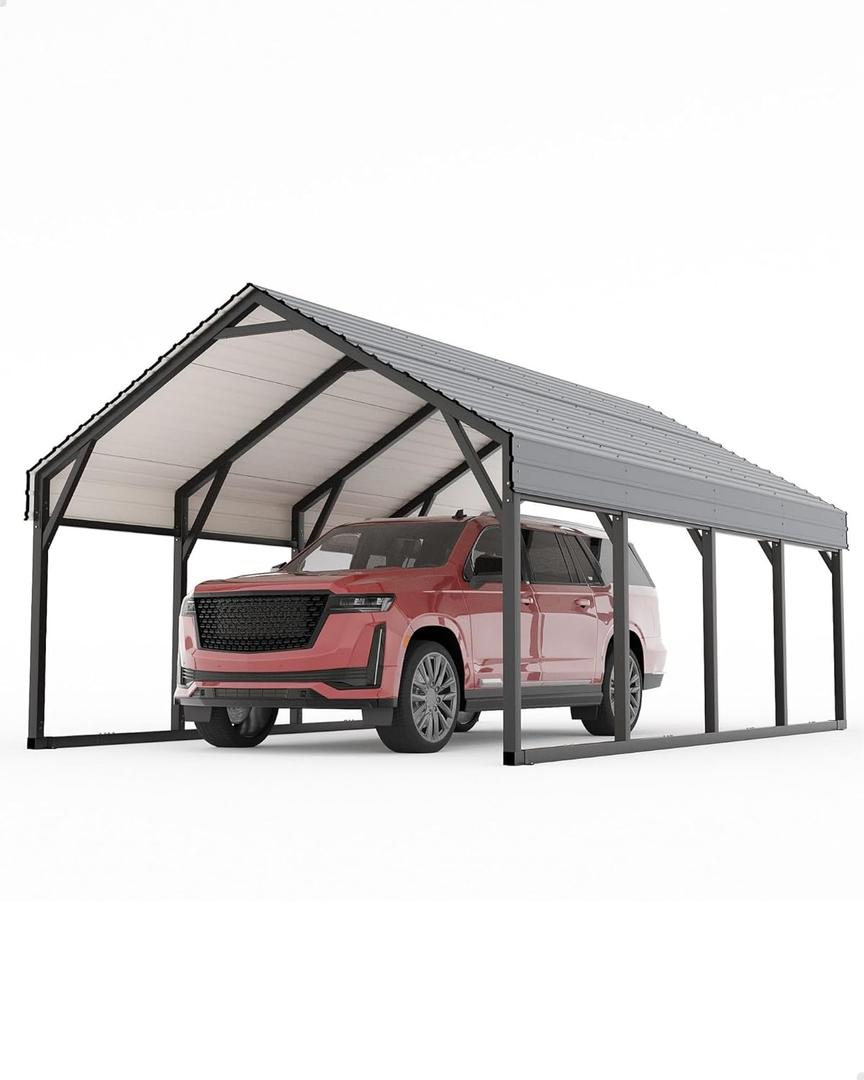GarveeLife 12x20 ft Metal Carport, Reinforced Frame and Steel Roof for All-Weather Use, Permanent Shelter for Bass Boats, Full-Sized Pickup Trucks, and Tractors