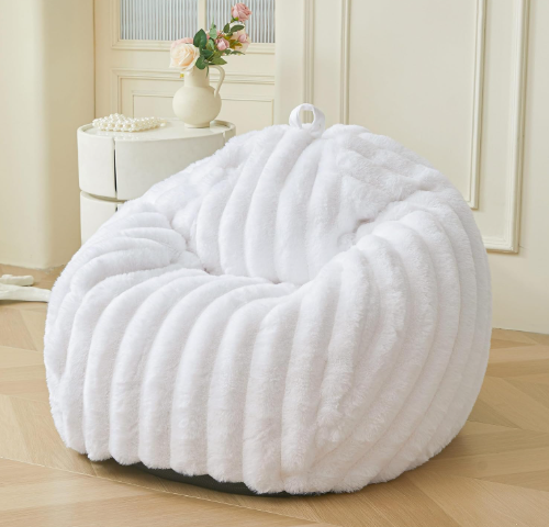MEGO Fluffy Faux Rabbit Fur Bean Bag Chair Cover(No Filler), Luxury Plush Fuzzy Striped Stuffed Animal Storage Beanbag, 3FT Large Furry Ribbed Floor Lounger for Bedroom Living Room, Anti-Slip, Black (Large(38"x38"x40"))