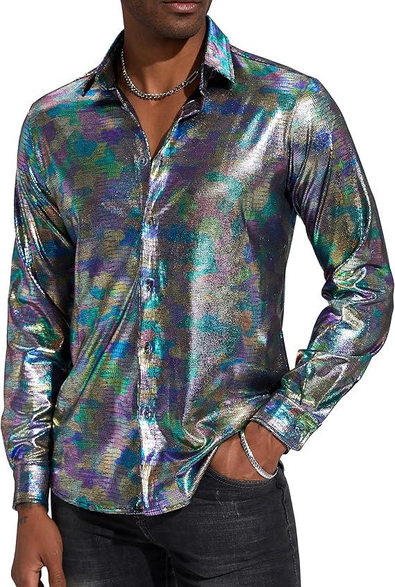 Pixiemain Men's 70s 60s Disco Shirt Metallic Party Costume Long Sleeve Button Down Shirts-A, XL