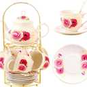 20-Pieces Porcelain Tea Sets For Women, Tea Set For Adult with Golden Metal Rack,Tea Gift Sets for Home&Party(014)