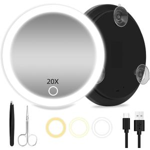 20X Magnifying Mirror with Light, Large 6'' Makeup 20X Magnification, Travel Magnified Mirror with 3 Color Lights & Suction Cups, with Tweezers and Scissors - Perfect for Makeup & Close-Up Tasks