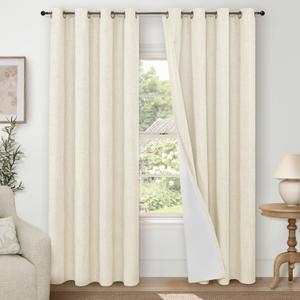 Cream 100% Blackout Curtains for Living Room 84 Inch Length 2 Panels Set, Thermal Insulated Light Blocking Faux Linen Curtains for Bedroom, Bronze Grommet Boho Window Drape Each 52" Wide