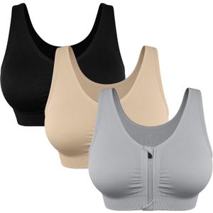 Women's Zip Front Sports Bra Wireless Post-Surgery Bra Active Yoga Sports Bras (Medium, U Back-black/Beige/Light Gray)