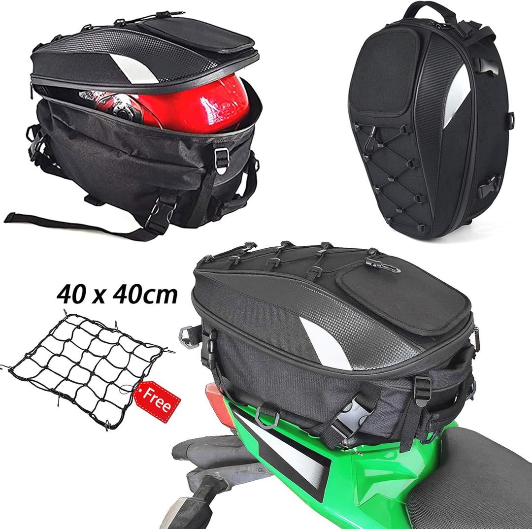 Motorcycle Tail/Seat Bag - Dual Use Waterproof Helmet Bag for Motorbike - with One Extra Cargo Net (Black&White)