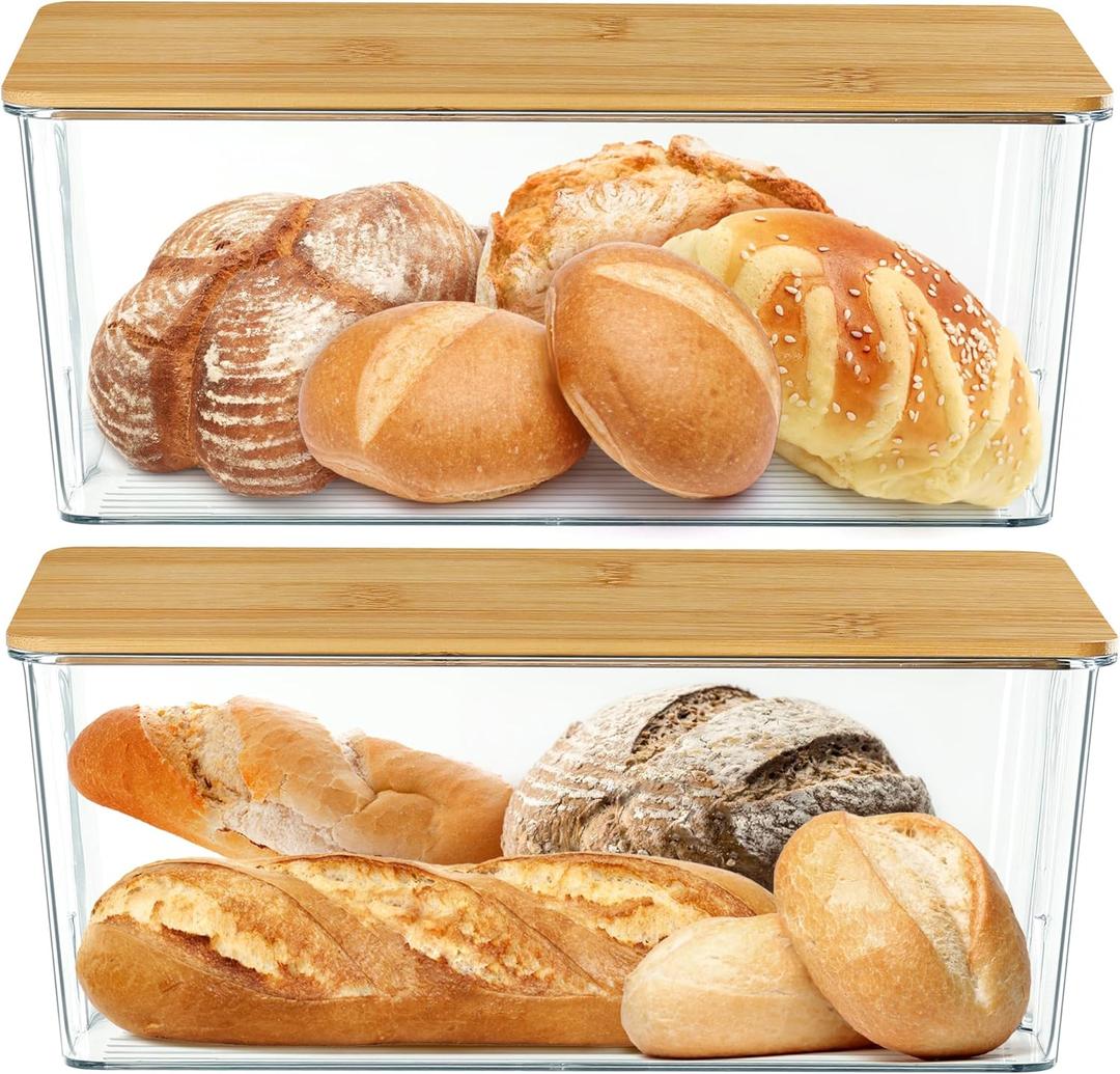 2 Pcs Clear Bread Box with Bamboo Board Lid for Kitchen Countertop, Bread Storage Container for Homemade Bread