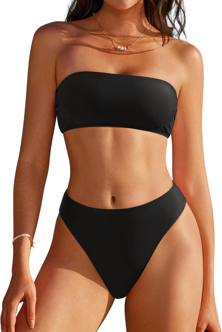 SUUKSESS Women Sexy High Waisted Bandeau Bikini Set Cheeky High Cut Two Piece Swimsuit Strapless Reversible Bathing Suit (Black/ White, XL)
