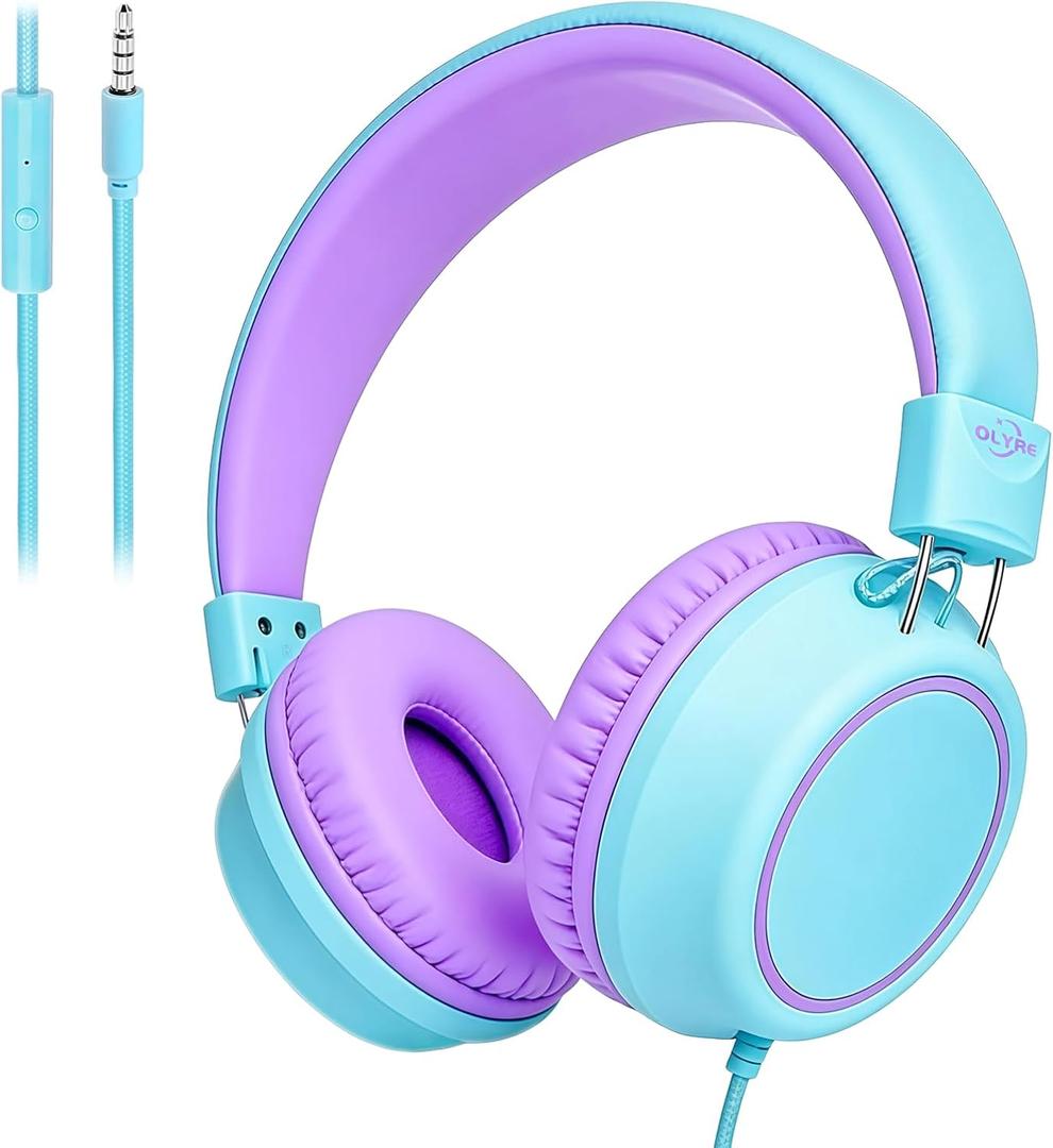 Olyre Kids Headphones, Toddler Headphones with Cord for School Plane Travel, Lightweight Stereo Wired Children Earphones with HD Microphone for Boys Girls for PC Cellphone Tablet(Icy Mint Blue/Purple)
