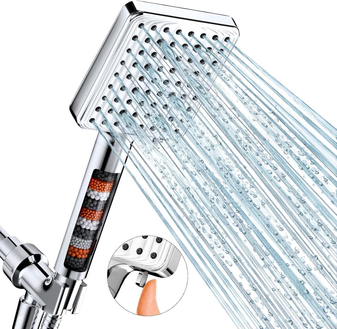 MakeFit Filtered Shower Head - 6 Modes High Pressure Handheld Shower Head with Filter Mineral Beads, Detachable Handheld Showerhead Set with Stainless Steel Hose and Shower Arm Bracket (Chrome)