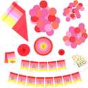 Crayola Color Pop Party Decorations Set - Red, Orange, Pink, Yellow (Customizable Banner, Reversible Table Runner, Paper Fan Flowers, Paper Dots) for Birthdays, Holidays, Celebrations (Scarlet Red, Tickle Me Pink, Melon)