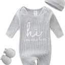 Baby Romper with Baby Mittens & Newborn Hats Footless Long Sleeve Solid Onesie Hi Im New Here (0-3 Months, Grey)