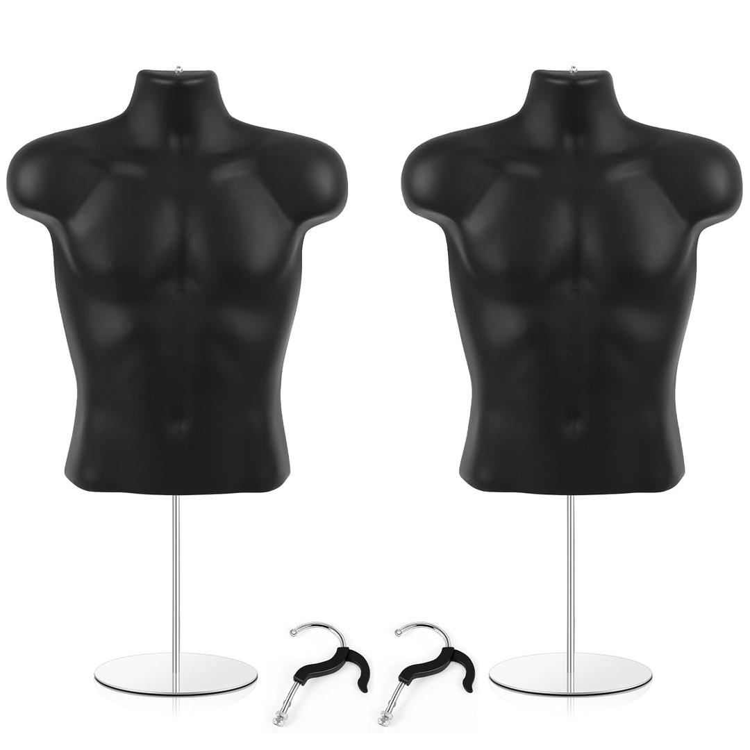 Geetery 2 Pack Male Mannequin Torso Half Body Mannequin with Stand and Hanging Hook Stackable Dress Form Hollow Back for Tshirt Display, Countertop, Craft Shows, Photos and Design, Small-Medium Size