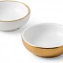 Elanze Designs Gold and White Jewelry Tray Set, Small 3 Inch Ceramic Trinket Dishes with Metallic Finish, Decorative Ring Holder Bowls for Vanity, Dresser, Nightstand, Set of 2