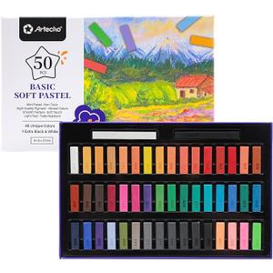 Artecho 50pcs Soft Pastels, 48 Colors Including 4 Fluorescent Colors, Extra Free Black & White, Square Chalk for Drawing, Blending, Layering, Shading, Pastels Art Supplies