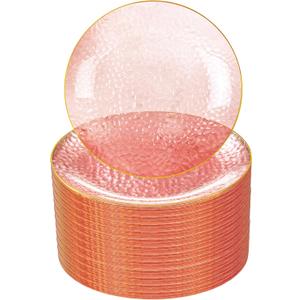 Rubtlamp 100 Pcs Pink And Gold Plastic Plates - 10 inch Clear Pink Gold Dinner Plates - Hammer Pattern Design - Fancy Disposable Plates - Heavy-Duty Party Plates Ideal for Mother's Day