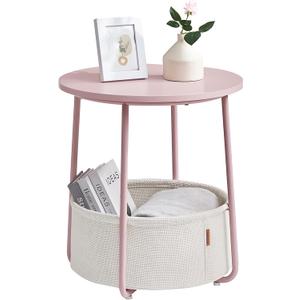 VASAGLE LILEA Collection - Small Round Side End Table, Modern Nightstand with Fabric Basket, Jelly Pink and Cream White ULET223R61