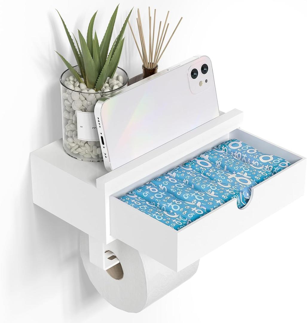 Domax White Toilet Paper Holder with Shelf - Wall Mount/Adhesive Bathroom Toilet Paper Holder with Storage Drawer for Organizer Tampon or Small Items Bamboo Wood Tissue Toilet Paper Roll Holder, Small