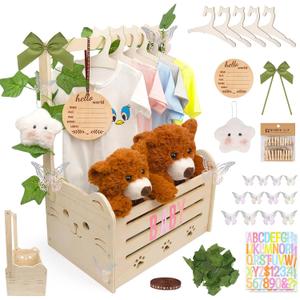 Wooden Baby Shower Crate Closet, Cute Cat Baby Shower Closet Basket with Handle, Gender Reveal Storage Box for Pregnancy New Parent, Personalized Baby Gifts Basket