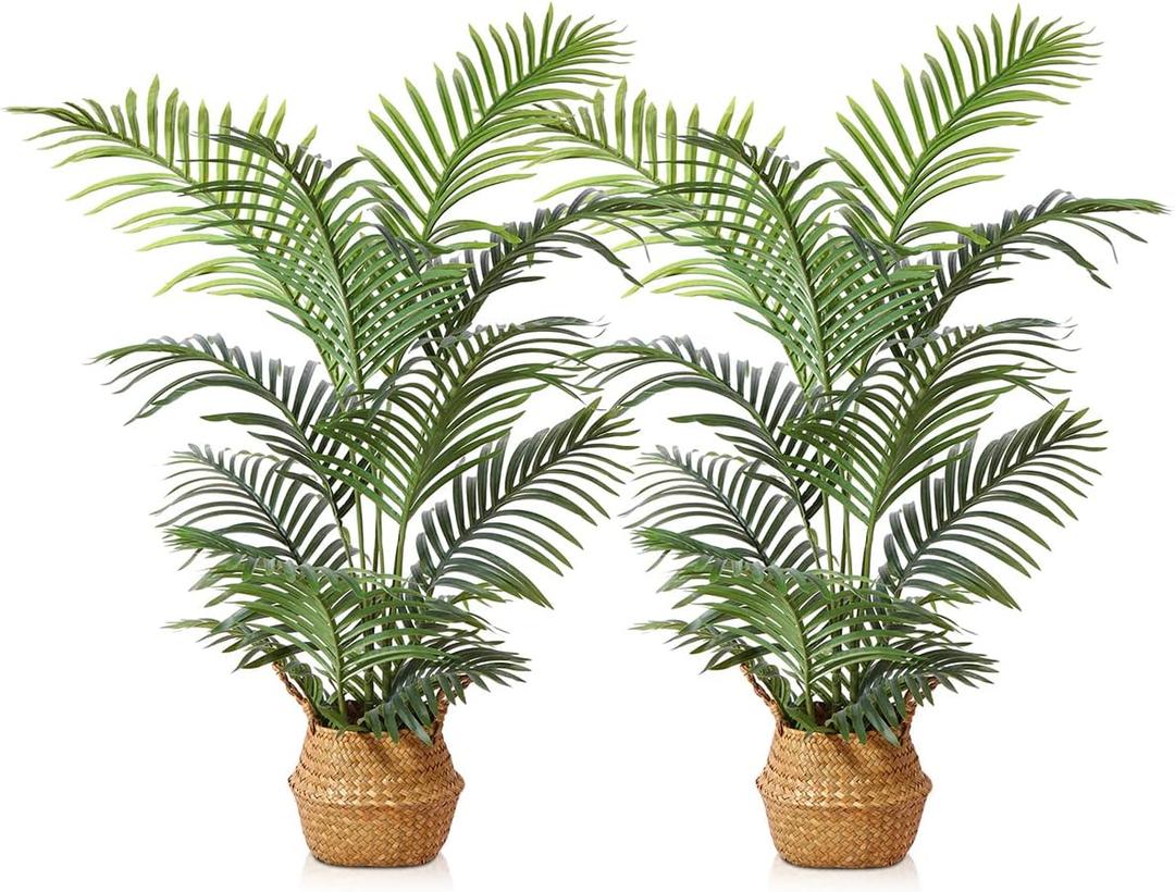 LOMANTO Fake Majesty Palm Plant 4Ft Artificial Tree for Home Decor Indoor Small Faux Trees in Pot Fake Tropical Plants for Housewarming 2Pack