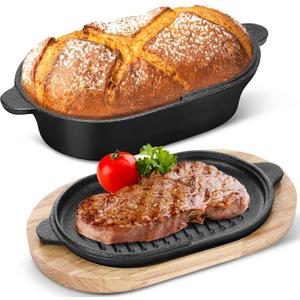 Cast Iron Bread Loaf Pan Set with Lid 2 in 1 Pre Seasoned Cast Iron Dutch Oven Pot Bread Cooking Pan with Dual Handles and Wooden Plate for Homemade Frying Sourdough Baking(Black)