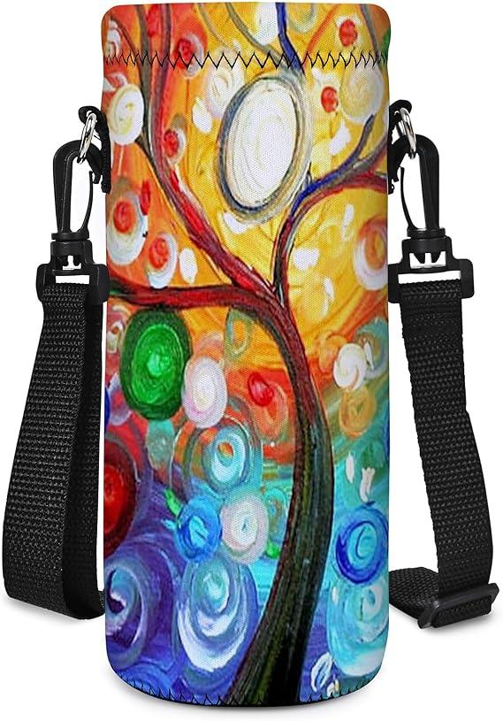 AUPET Water Bottle Bag Carrier,24oz/32oz Insulated Neoprene bottle Sling Holder Case Pouch Cover for 1000ML/750ML Bottles with Shoulder Strap for walking (Colorful Tree)