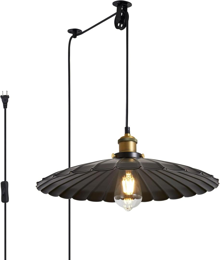 Plug in Pendant Lights for Ceiling,15.7 Inch Retro Black Metal Shade Plug in Hanging Lamp On/Off Switch Dining Room Hallway Hanging Pendant Light for Farmhouse with Light Bulb