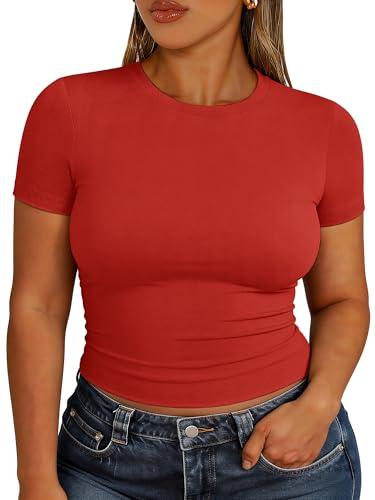 Chulianyouhuo Plus Size Basic Summer Going Out Crop Tops Red Outfits for Women Slim Fitted Short Sleeve Crew Neck T Shirts 2026, Size 1X