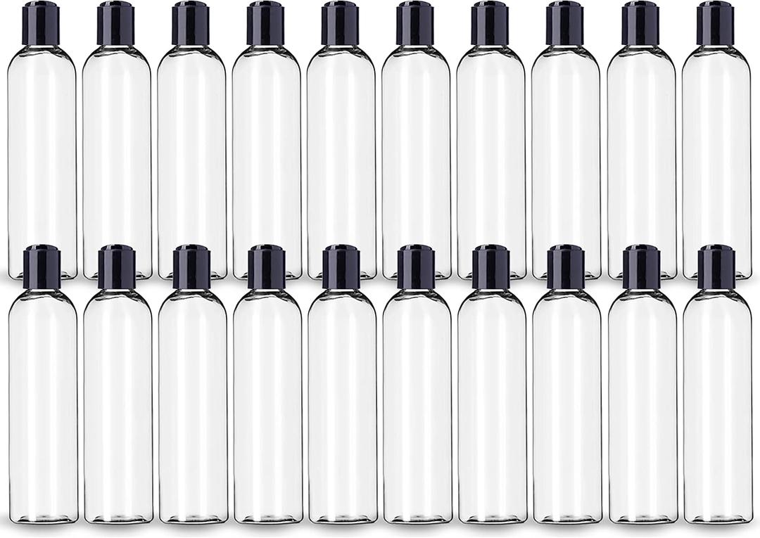 ljdeals 8 oz Clear Plastic Empty Bottles with Black Disc Top Caps, Refillable Containers for Shampoo, Lotions, Cream and More Pack of 20, BPA Free, Made in USA