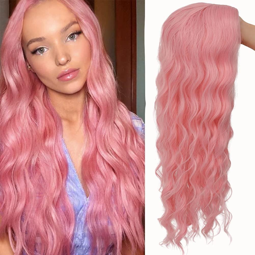 Kaneles Pink Curly Long Wigs for Women Wavy Wig Middle Parting Hair Natural Looking Synthetic Wigs for Halloween Cosplay