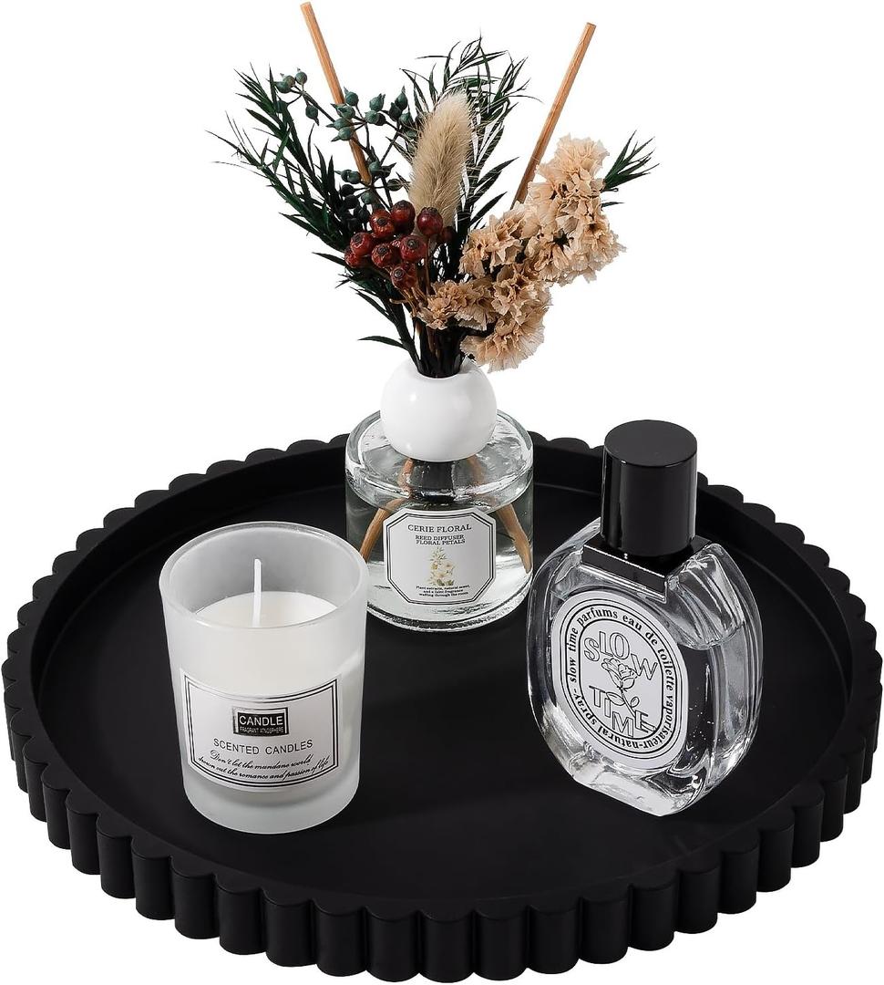 Round Bathroom Tray Silicone Kitchen Counter Decor Vanity Organizer Decorative Coffee Table Tray for Perfume, Candle, Soap Dish, 9 Inch, Black