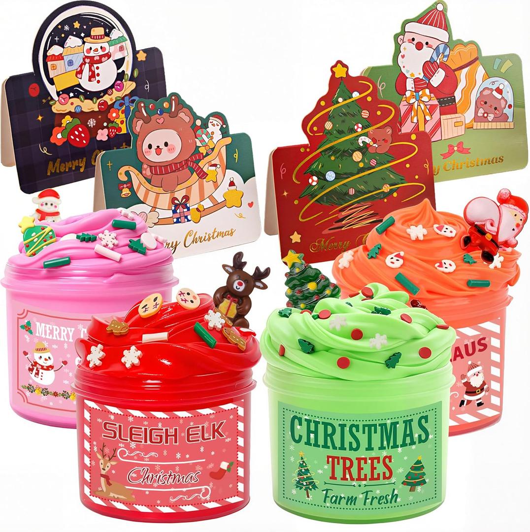 Christmas Stocking Stuffers for Kids  4 Pack Christmas Card Slime Gift Set, Classroom Party Favors, Xmas Gifts for Girls & Boys 4-12, Non-Sticky, Mess-Free Stress Relief Toys & Holiday Party Supplies