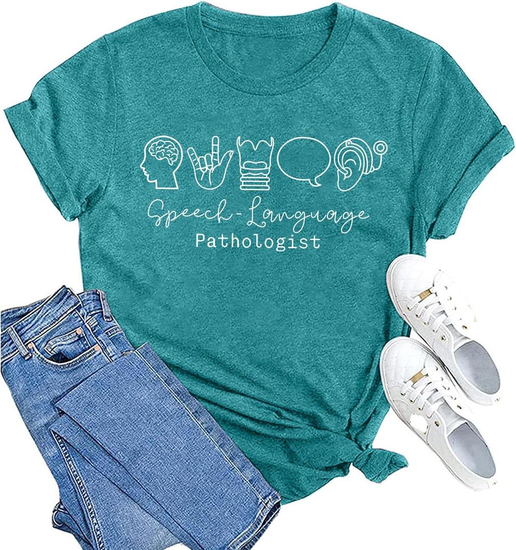 MAIHUN Speech Therapist Shirts for Women Speech Language Pathologist Tshirt SLP Tee Tops Cyan Large