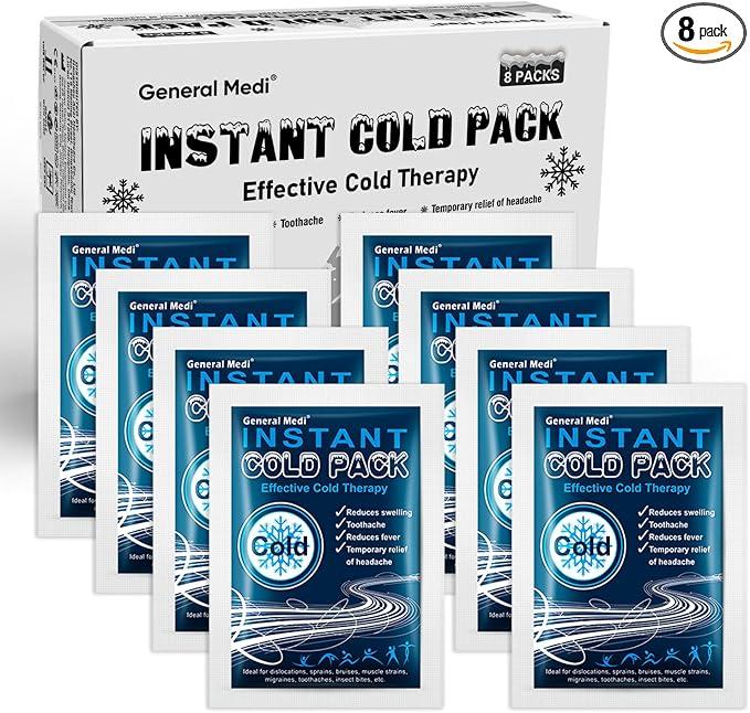General Medi Instant Ice Cold Pack (4”x 5.5”) – 8 Packs Disposable Cold Therapy Ice Packs for Pain Relief, Swelling, Inflammation, Sprains, Toothache – for Athletes & Outdoor Activities