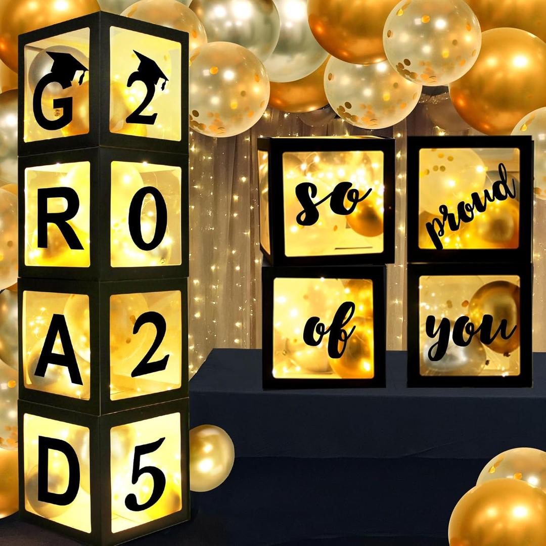 Black Graduation Party Decorations Class of 2025 Grad Balloon Boxes with 24 pcs Balloons & 4 LED Light Strings and Letters 2025 GRAD & So Proud of You - Congrats Grad Party Decorations for Any Grades