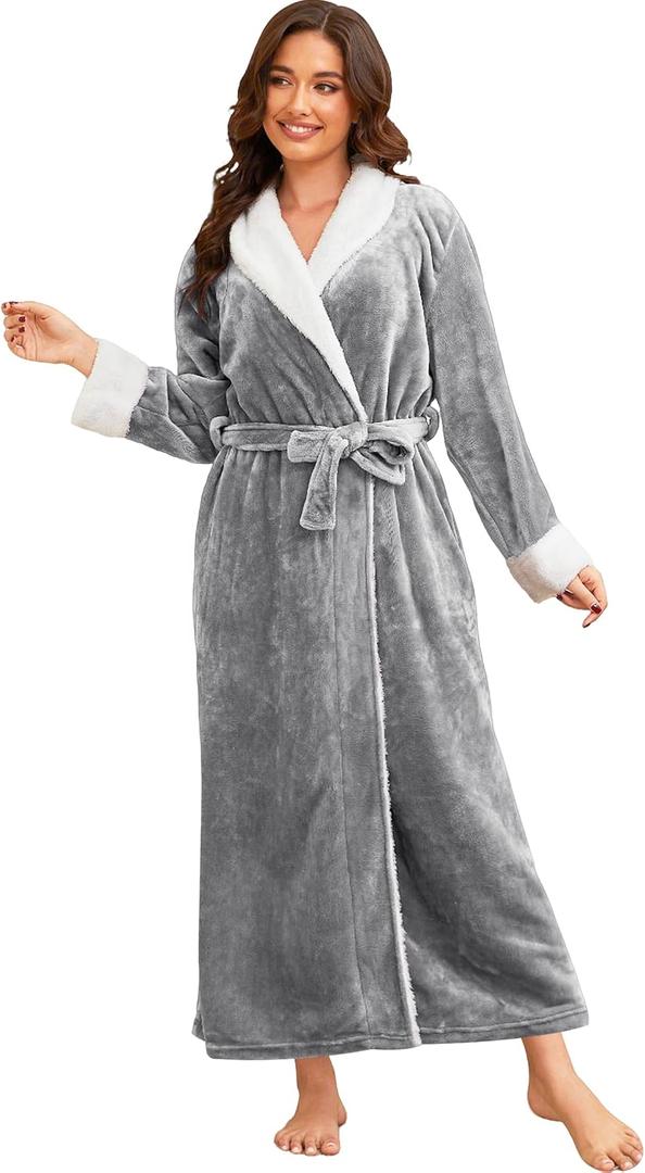 Hellomamma Premium Long Robes for Women-Super Plush Soft Fleece Bathrobes (Gray, M)
