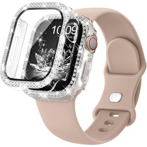 Compatible for Apple Watch Bands 41mm  with Screen Protector Case Women, Silicone Strap Bling Diamond Protective Cover Tempered Glass for iWatch Series 10 9 8 7 6 5 4 3 11 SE (MilkTea)