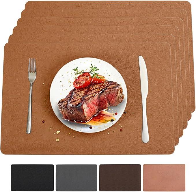 Waterproof Easy to Clean Non-Slip Heat Resistant Thick Faux Leather Placemats for Dining Table Set of 4,Brown