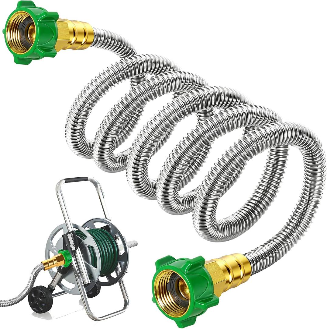 Female to Female Short Garden Leader Hose 8FT,Metal Hose Reel Connecting Hose,Stainless Steel Hose Connector for Hose Reel,Flexible,Kink-Free & No Leak Outdoor Water Pipe Extension Adapter