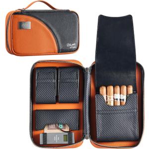 Leather Cigar Case for 5 Cigars  Orange Travel Humidor with 3 Pockets, Bold Hard Shell Organizer, Full Grain Leather, Portable Cigar Pouch