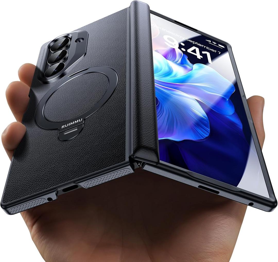 for Samsung Galaxy Z Fold 7 Case - Luxury Leather Texture Zflold 7 Case with Screen Protector, Kickstand and 360 Ring Holder Black