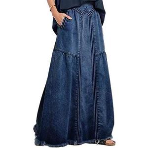 Ebossy Women's Casual Elastic Waist Frayed Hem A-Line Distressed Hippie Long Maxi Denim Skirt 2XL