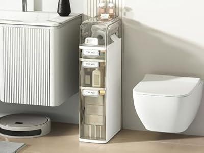 Seeday 3 Tier Slim Bathroom Storage Cabinet, Narrow Organizer with Wheels and Toilet Paper Holder, Waterproof, No Assembly Required, Perfect for Small Spaces in Bathroom, Kitchen and Bedroom