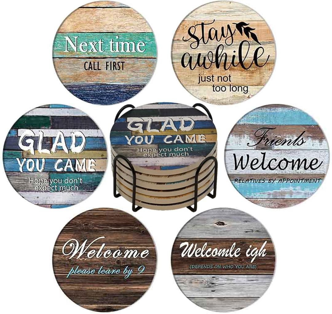 Bar Ceramic Cup Drink Coasters Set of 6 with Holder,Water Absorbent Round Monogram Cute Cool Morden Funny Unique,for Wine Bottle Table Desk Farmhouse Office (Multicolor)