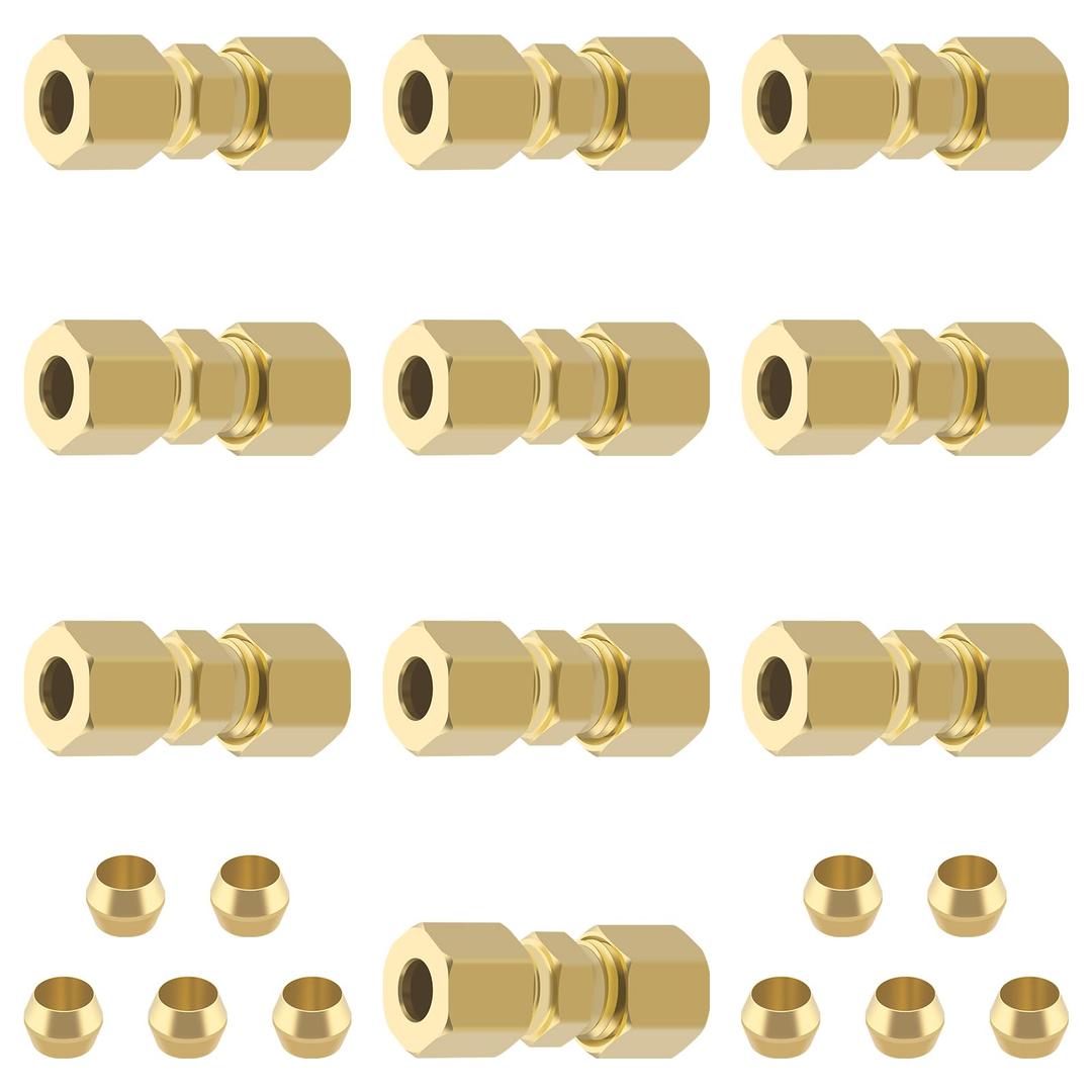 Brass Tube Pipe Compression Fitting, 10 Pcs 1/4" Tube OD x 1/4" Tube OD Ice Maker Water Line Compression Union Connector & 10 PCS Compression Sleeves Ferrules