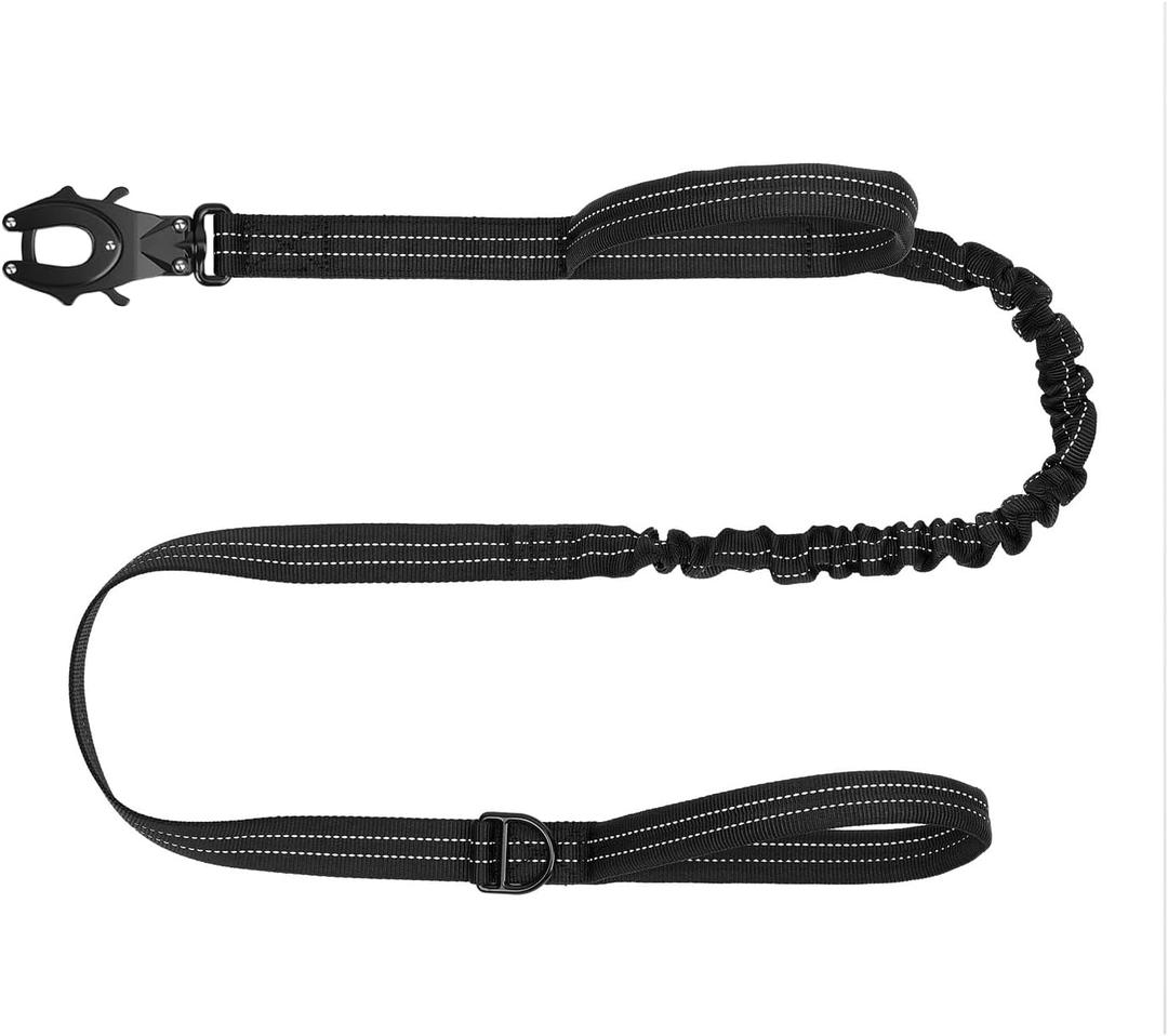 ICEFANG Tactical Dog Leash,K9 Training Walking Bungee Lead with 2 Control Handle, Heavy Duty Quick Release Metal Clasp, Hands Free D-Ring for Medium Large Dogs (6ft,Reflective Black)