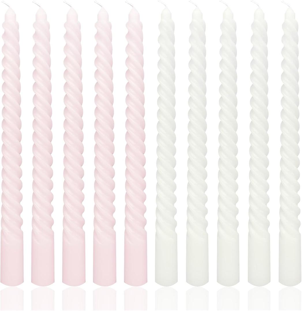 10 Inch White and Pink Spiral Taper Candle Set, 10 Pack Unscented Dripless Candlesticks for Dinner Baby Shower Party Brithday Wedding and Home Decoration