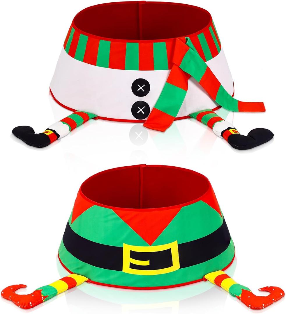 Liliful 2 Pcs Christmas Tree Collar with Elf Legs Boots 15.7 Inch Christmas 3D Flannel Elf Snowman Tree Skirt Rustic Stand Base Cover Decorative for Xmas Farmhouse Indoor Decorations