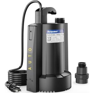 Acquaer 1/3 HP Automatic Submersible Water Sump Pump, 115V with 3/4” Garden Hose Check Valve Adapter,2160 GPH High Flow Water Removal for Swimming Pool Cover Hot Tubs Flooded House Basement