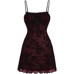 WDIRARA Women's Floral Print Mini Dress Y2K Vintage 90s Goth Mesh Short Cami Dresses (Burgundy)