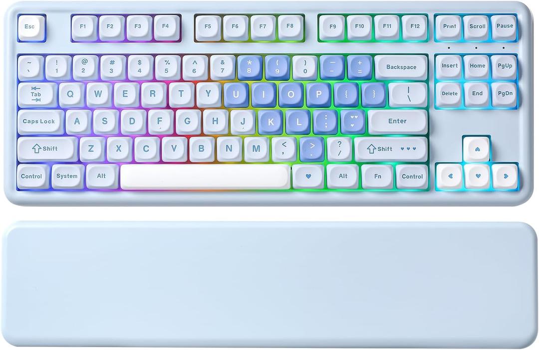 YUNZII B87 Wireless Mechanical Keyboard,QMK/VIA Programmable,TKL Layout 87 Keys,BT/2.4G/USB-C,Hot Swap Gasket Mount RGB Backlit Gaming with Wrist Rest for Win/Mac (Blue Heart, Cocoa Cream V2)